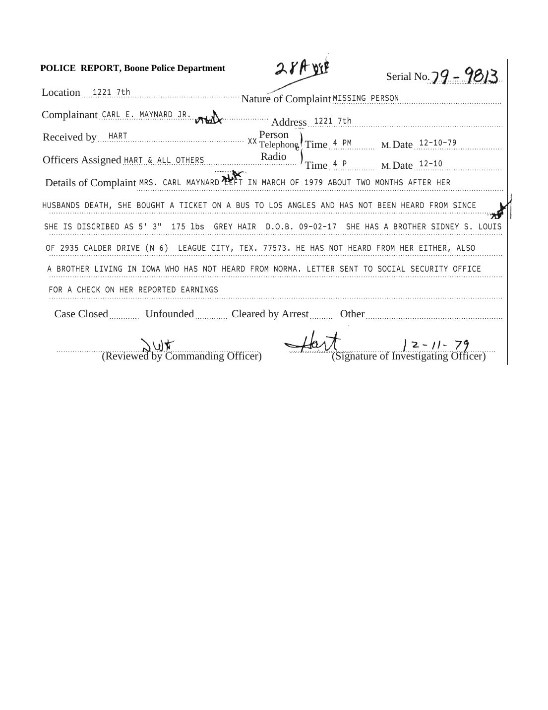 Missing person report 79-9813, Boone Police Department, December 10, 1979 — page 1 of 1