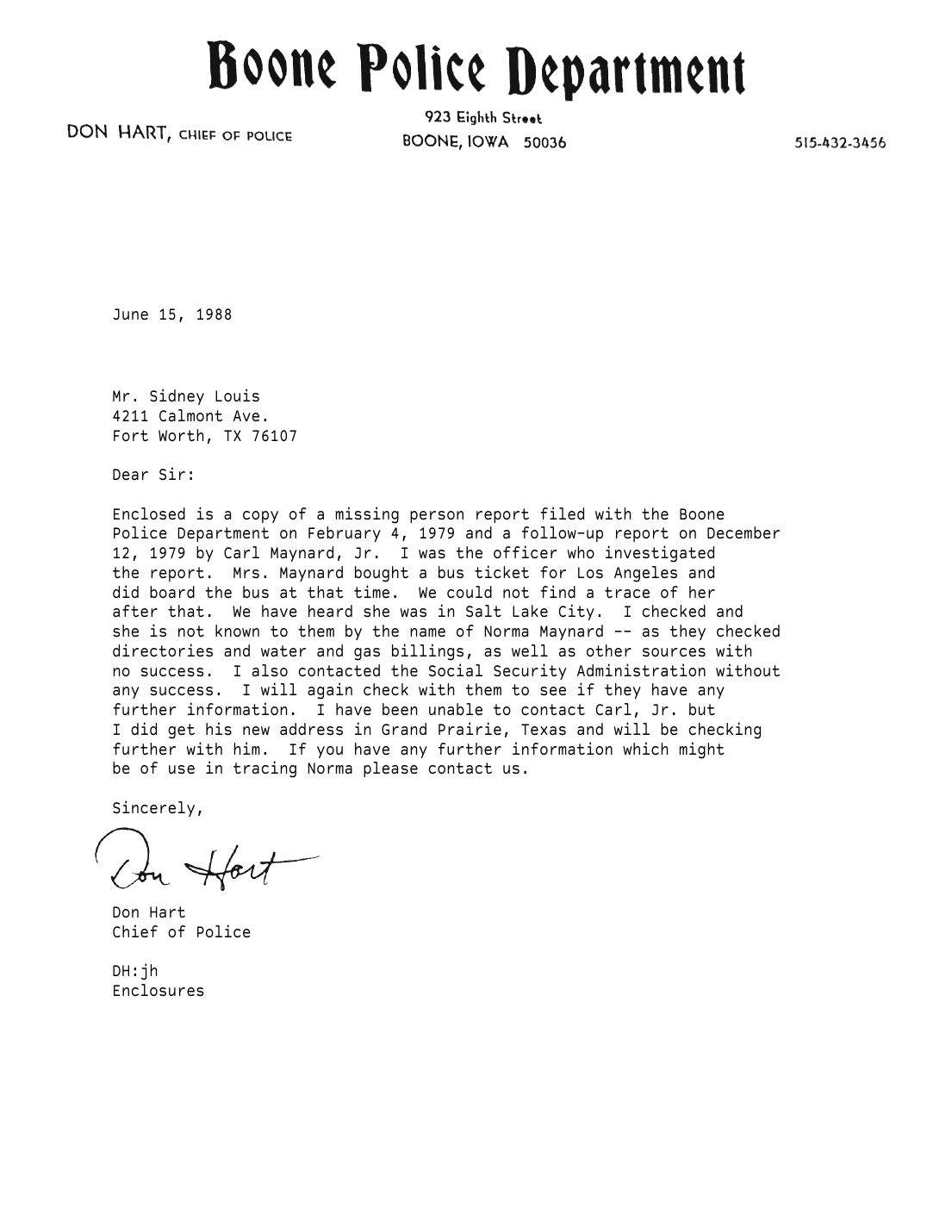Letter to Sidney Louis, Don Hart, Chief of Police, Boone, June 15, 1988 — page 1 of 1