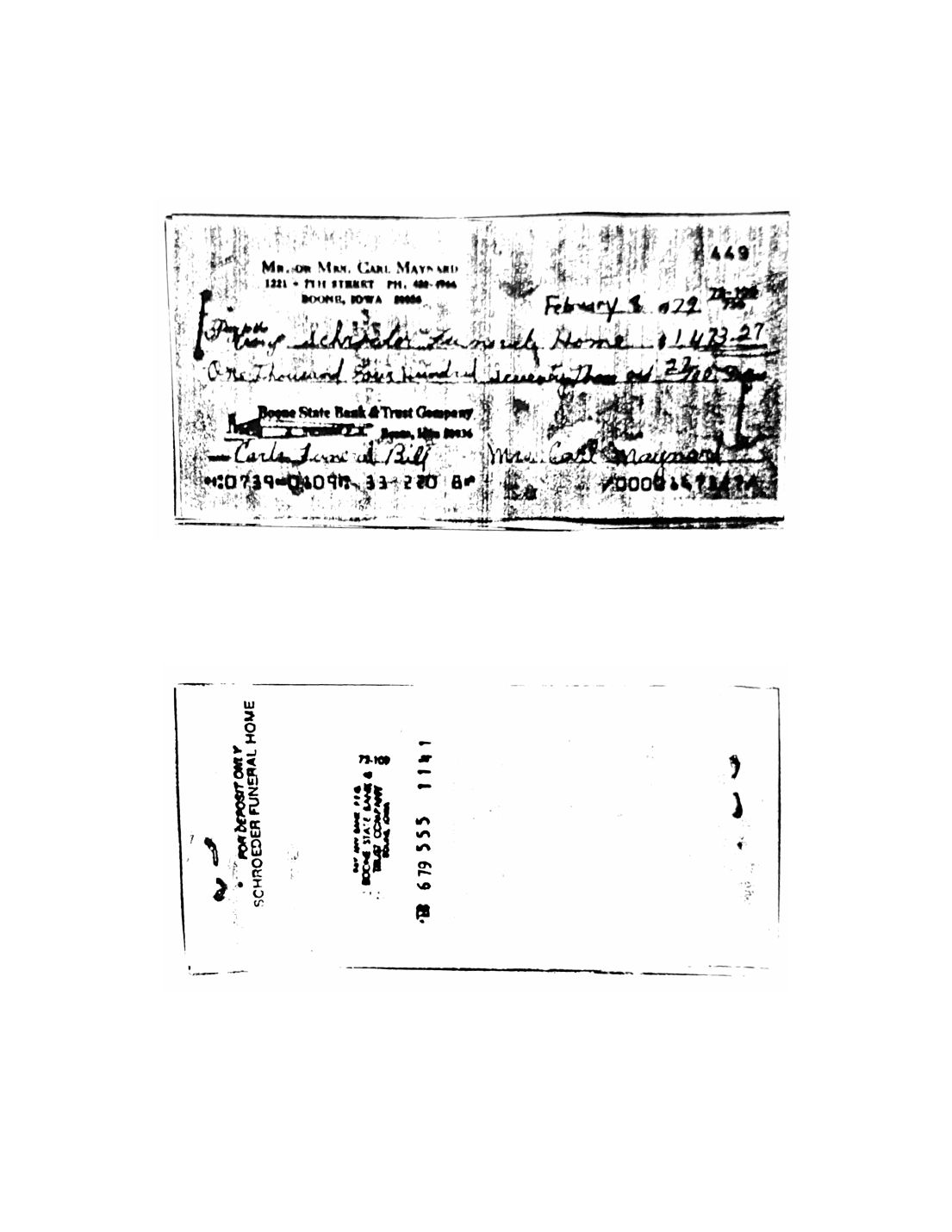 Check, front and back, Funeral home, Undated — page 1 of 1