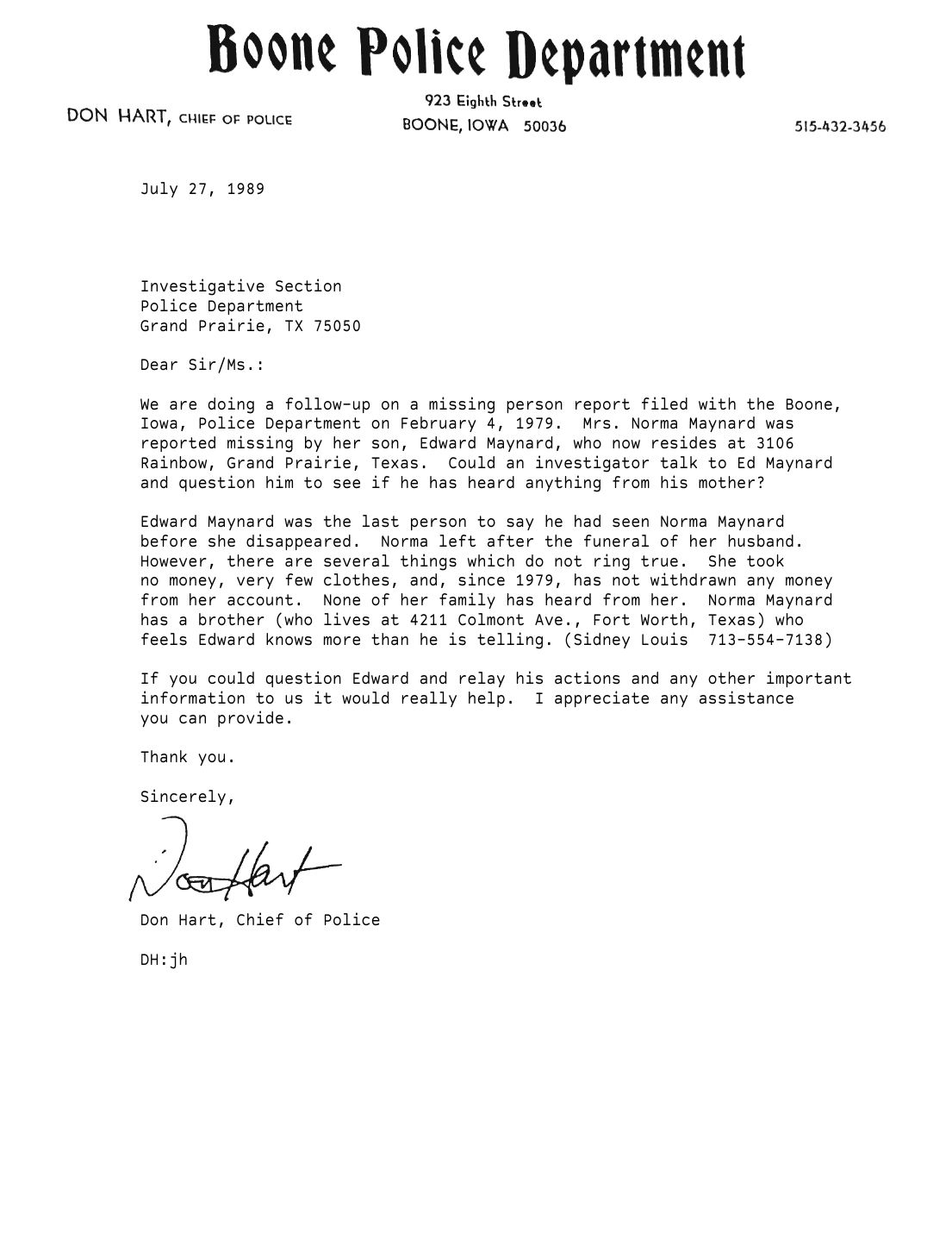 Letter to the Grand Prairie, Texas, police, Don Hart, Chief of Police, Boone, July 27, 1989 — page 1 of 1