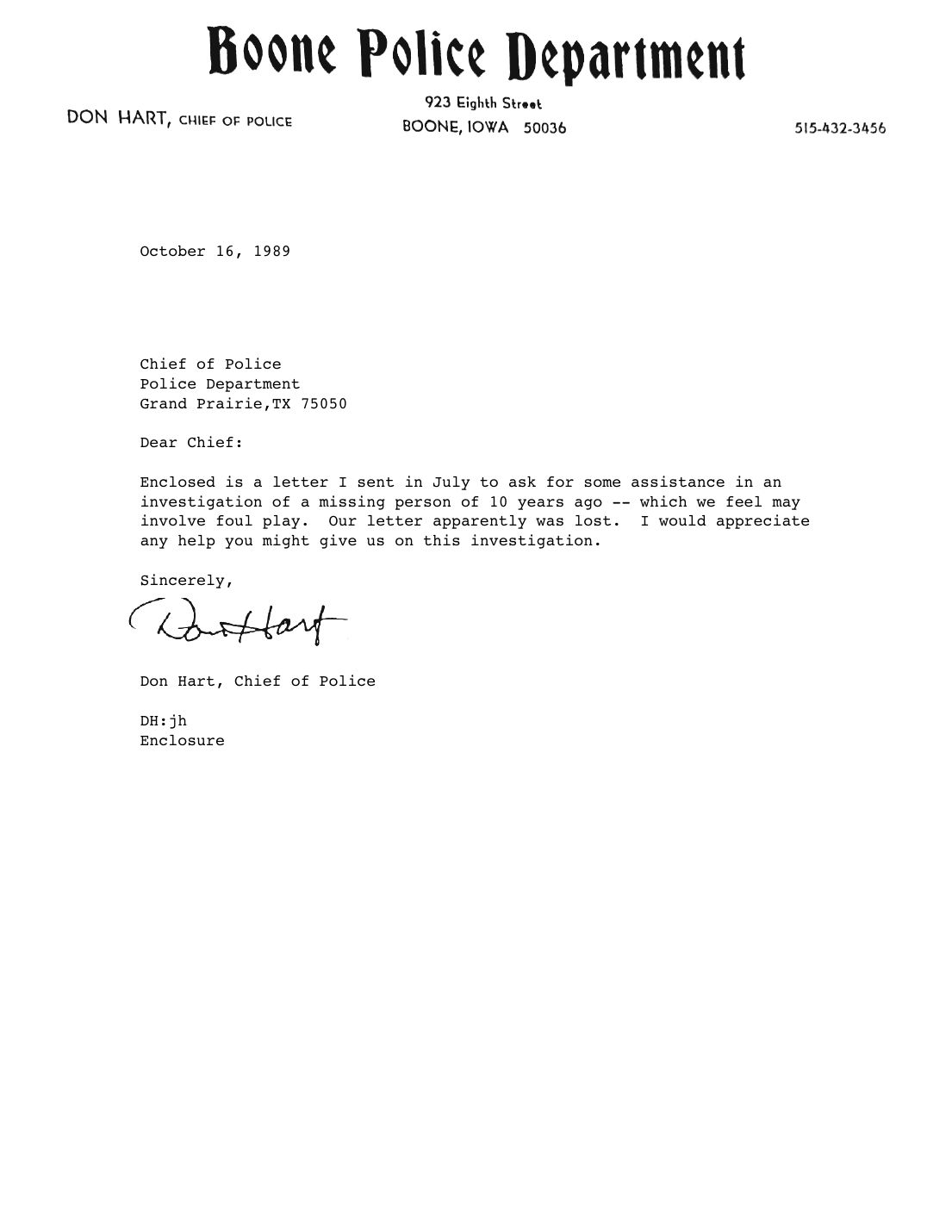 Letter to the Grand Prairie police, Don Hart, Chief of Police, Boone, October 16, 1989 — page 1 of 1