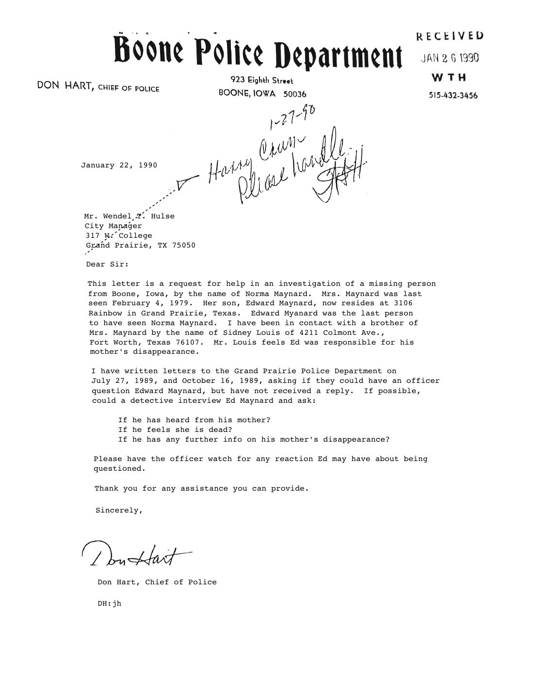 Letter to the Grand Prairie City Manager, Don Hart, Chief of Police, Boone, January 22, 1990 — page 1 of 1