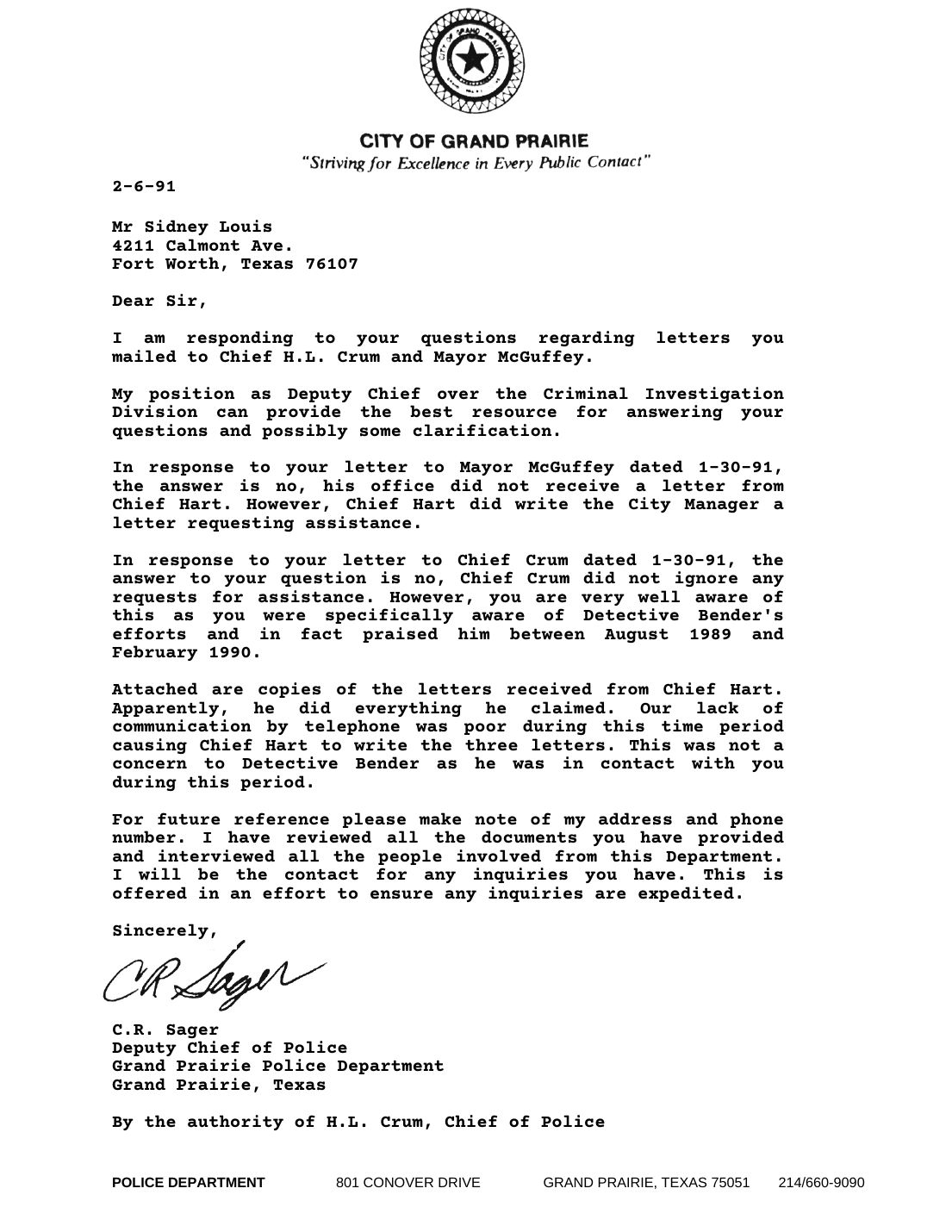 Letter to Sidney Louis, C.R. Sager, Deputy Chief, Grand Prairie Police, February 6, 1991 — page 1 of 1