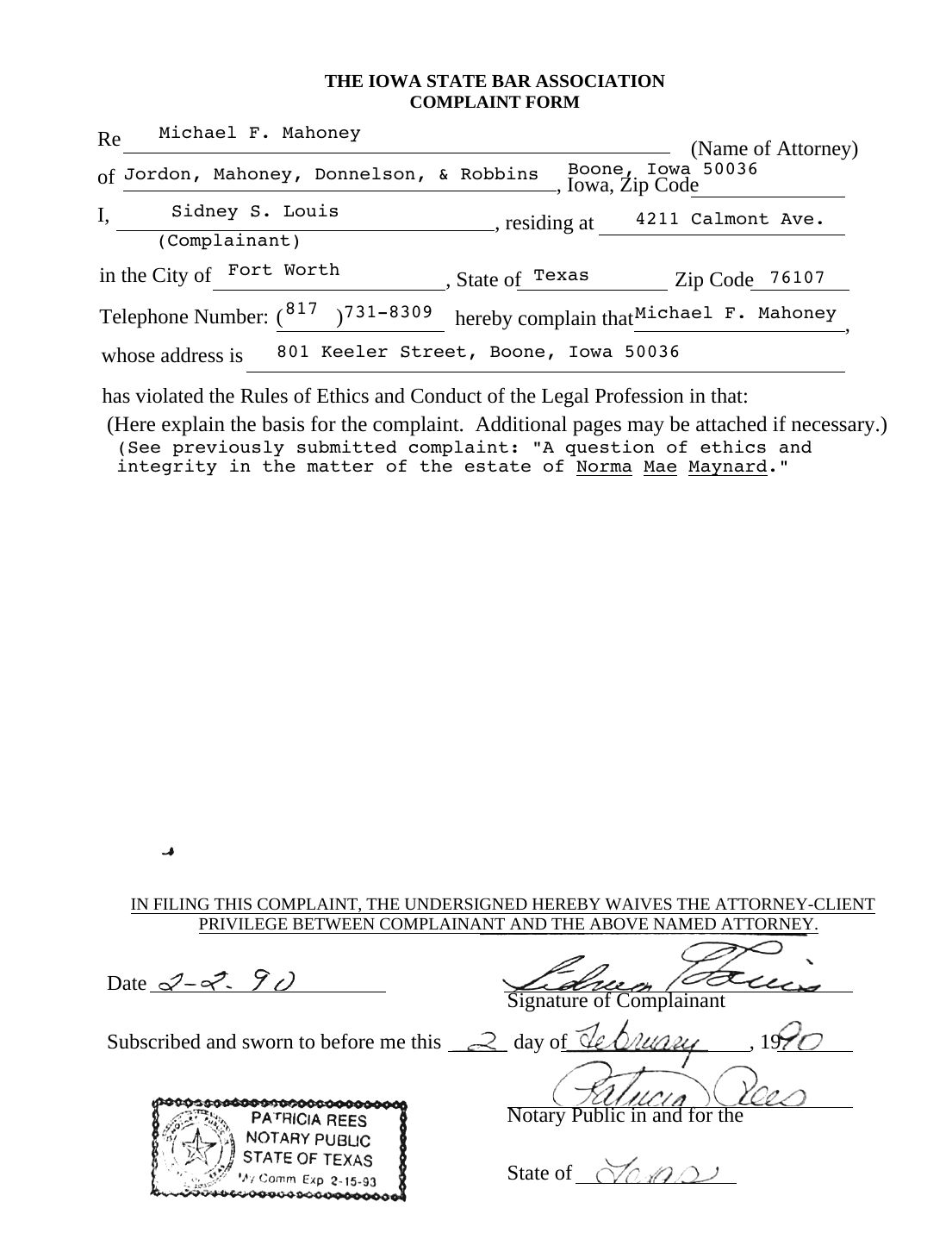 Iowa State Bar Association complaint form, Sidney S. Louis, February 2, 1990 — page 1 of 1