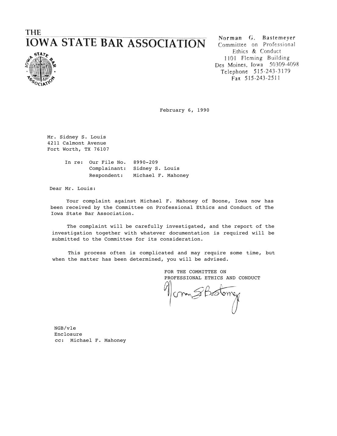 Letter to Sidney Louis, Norman G. Bastemeyer, Committee on Professional Ethics and Conduct, February 6, 1990 — page 1 of 1