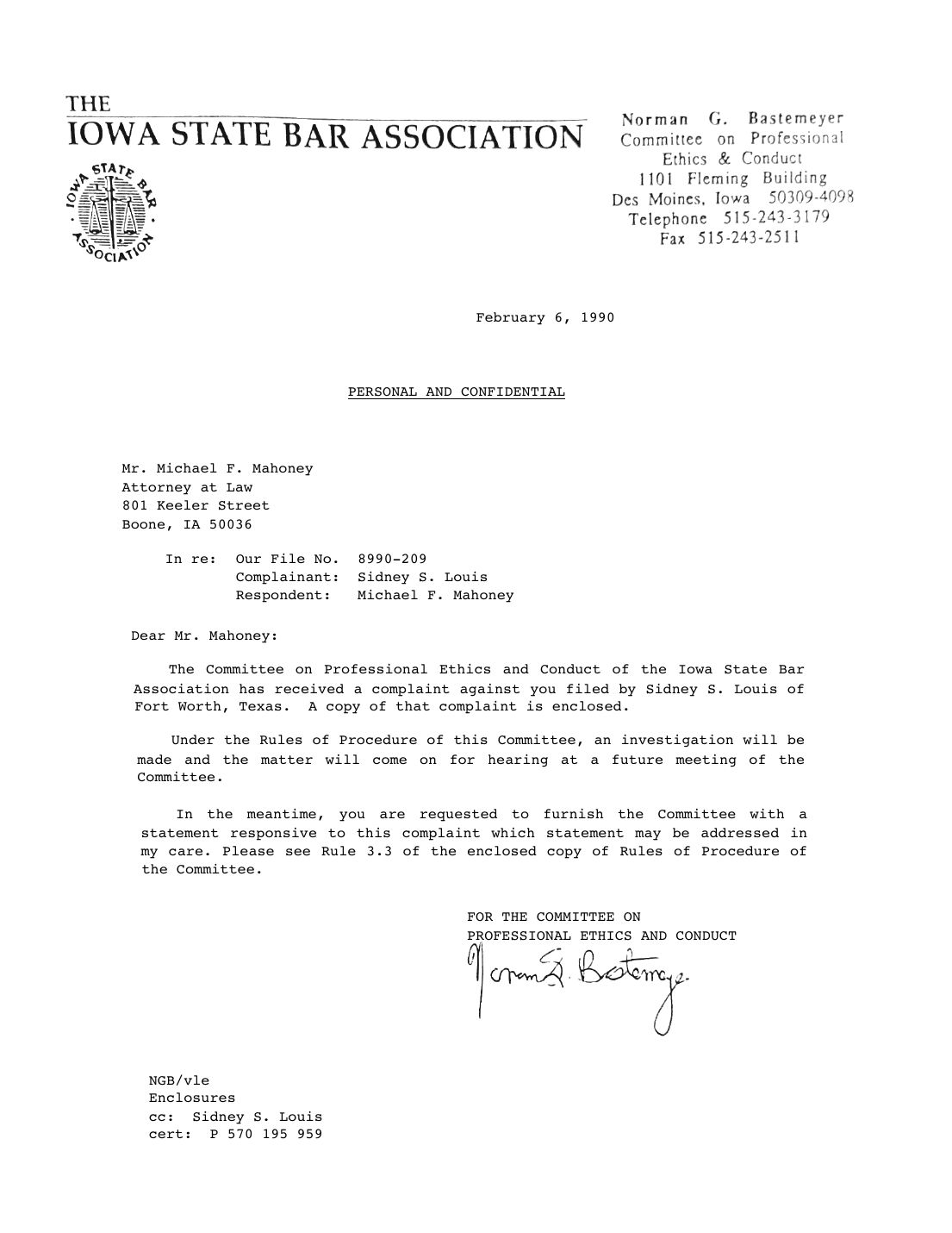 Letter to Michael F. Mahoney, Norman G. Bastemeyer, Committee on Professional Ethics and Conduct, February 6, 1990 — page 1 of 1