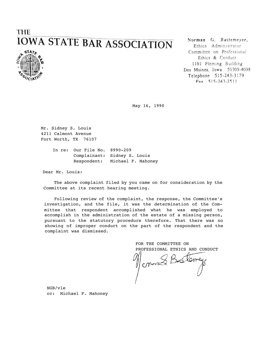 Letter to Sidney Louis, Norman G. Bastemeyer, Committee on Professional Ethics and Conduct, May 16, 1990 — page 1 of 1