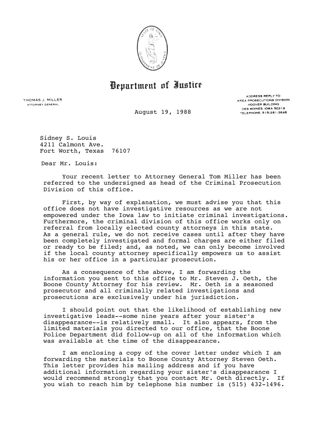 Letter to Sidney Louis, Harold Young, Iowa Department of Justice, August 19, 1988 — page 1 of 2