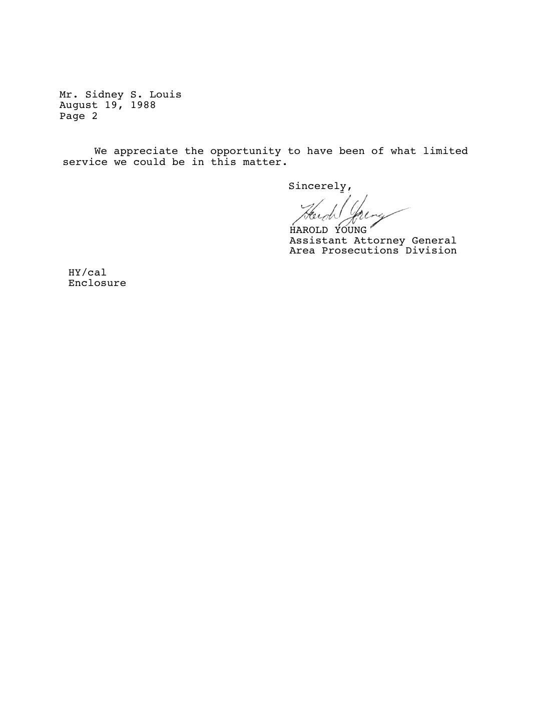 Letter to Sidney Louis, Harold Young, Iowa Department of Justice, August 19, 1988 — page 2 of 2