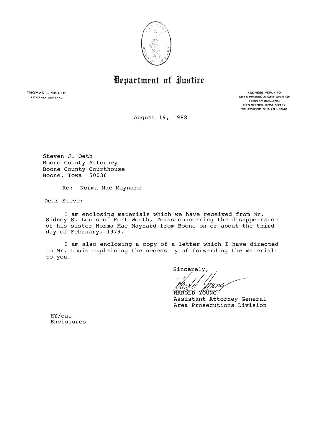 Letter to Steven J. Oeth, Boone County Attorney, Harold Young, Iowa Department of Justice, August 19, 1988 — page 1 of 1