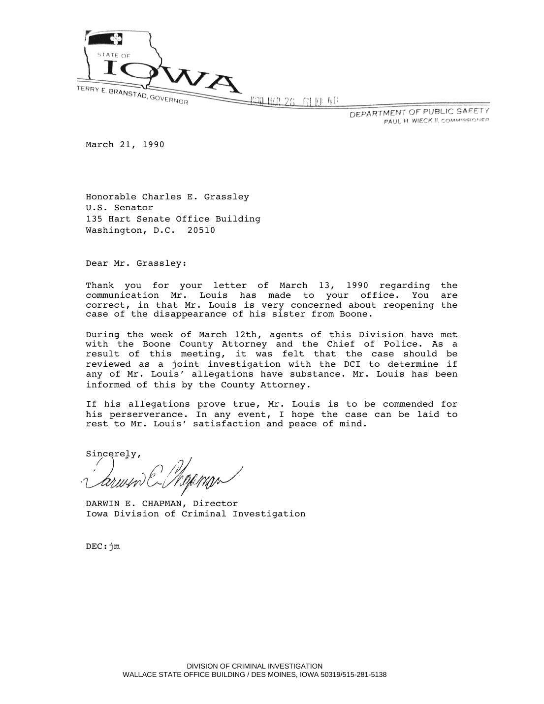 Letter to Senator Grassley, Darwin E. Chapman, Director, Iowa DCI, March 21, 1990 — page 1 of 1