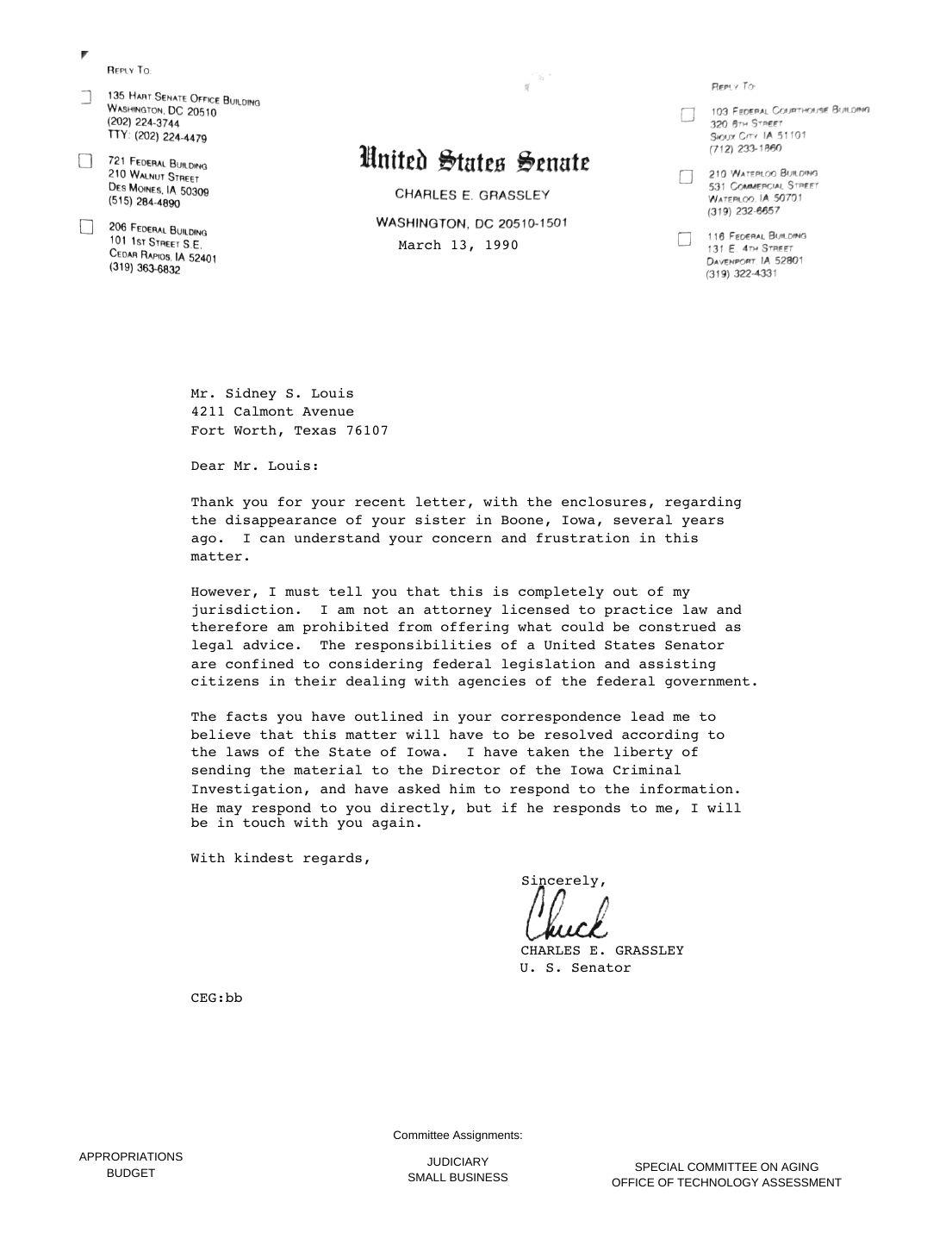 Letter to Sidney Louis, Senator Charles E. Grassley, March 13, 1990 — page 1 of 1