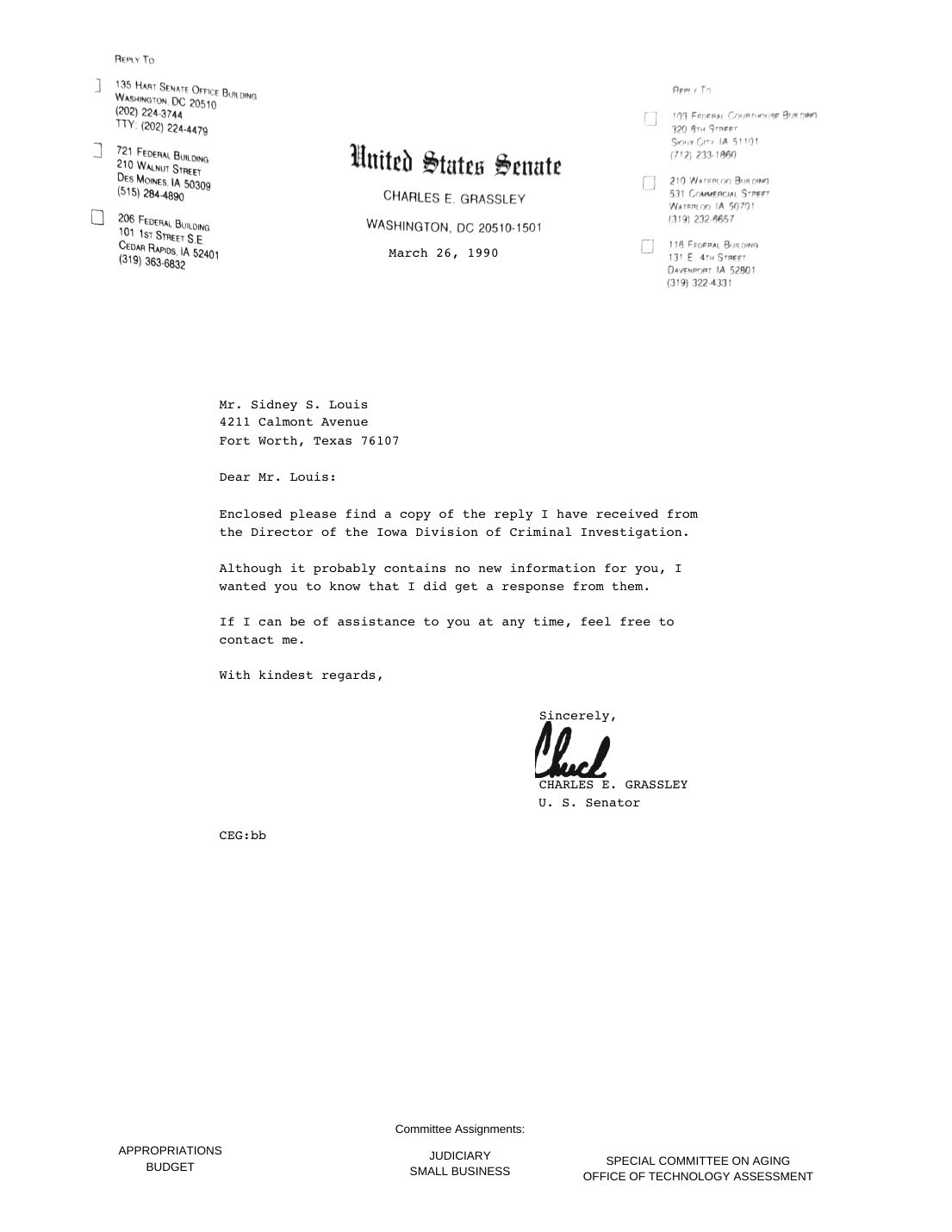 Letter to Sidney Louis, Senator Charles E. Grassley, March 26, 1990 — page 1 of 1