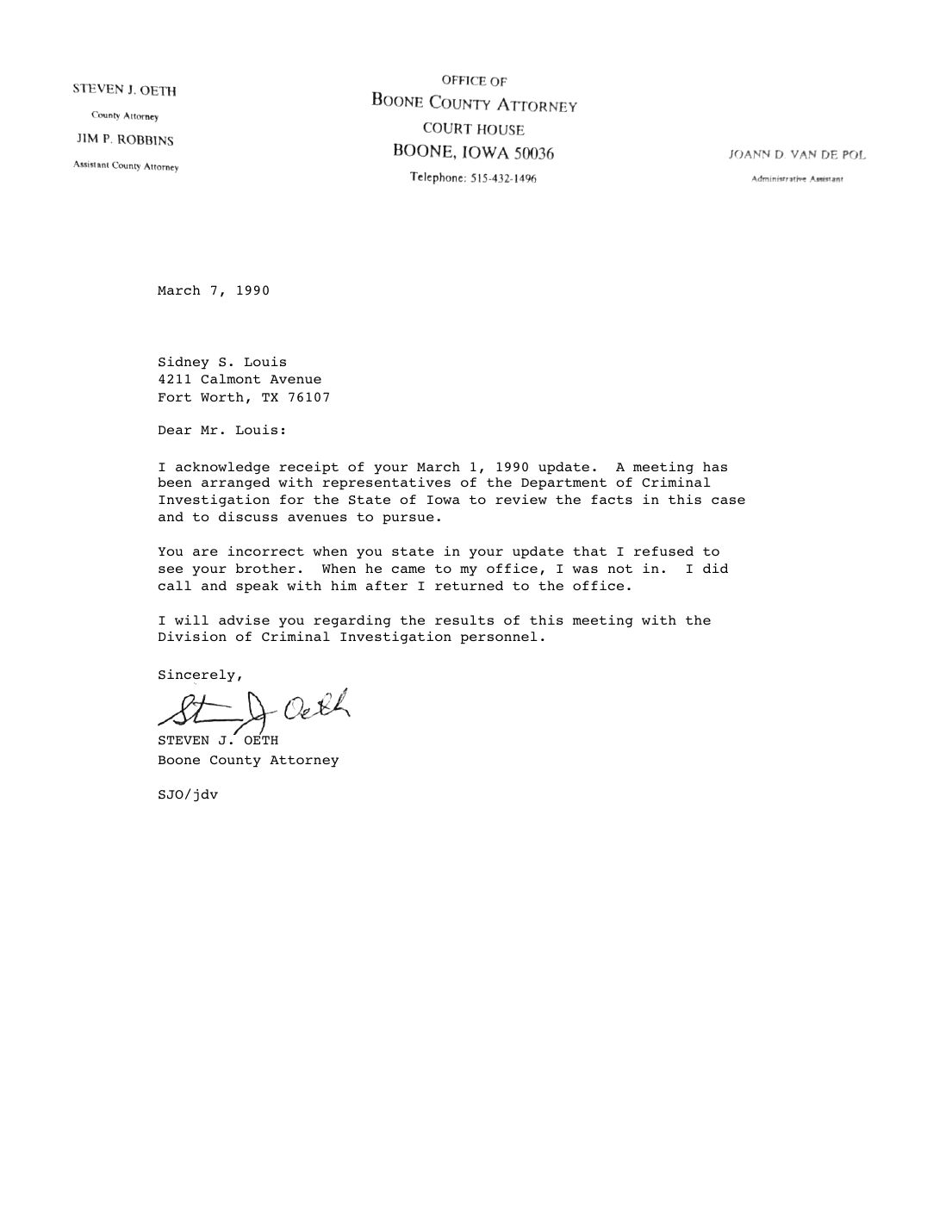 Letter to Sidney Louis, Steven J. Oeth, Boone County Attorney, March 7, 1990 — page 1 of 1