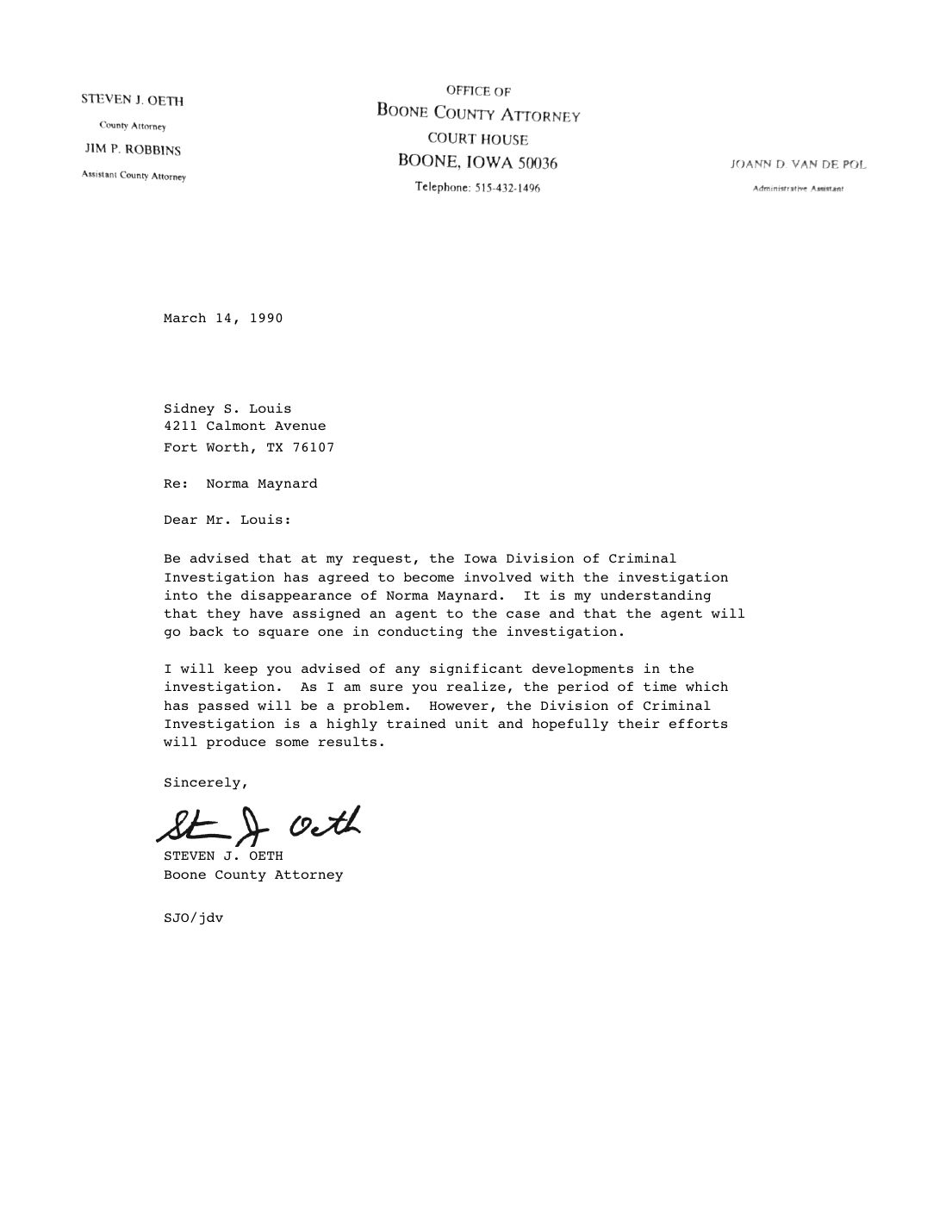 Letter to Sidney Louis, Steven J. Oeth, Boone County Attorney, March 14, 1990 — page 1 of 1