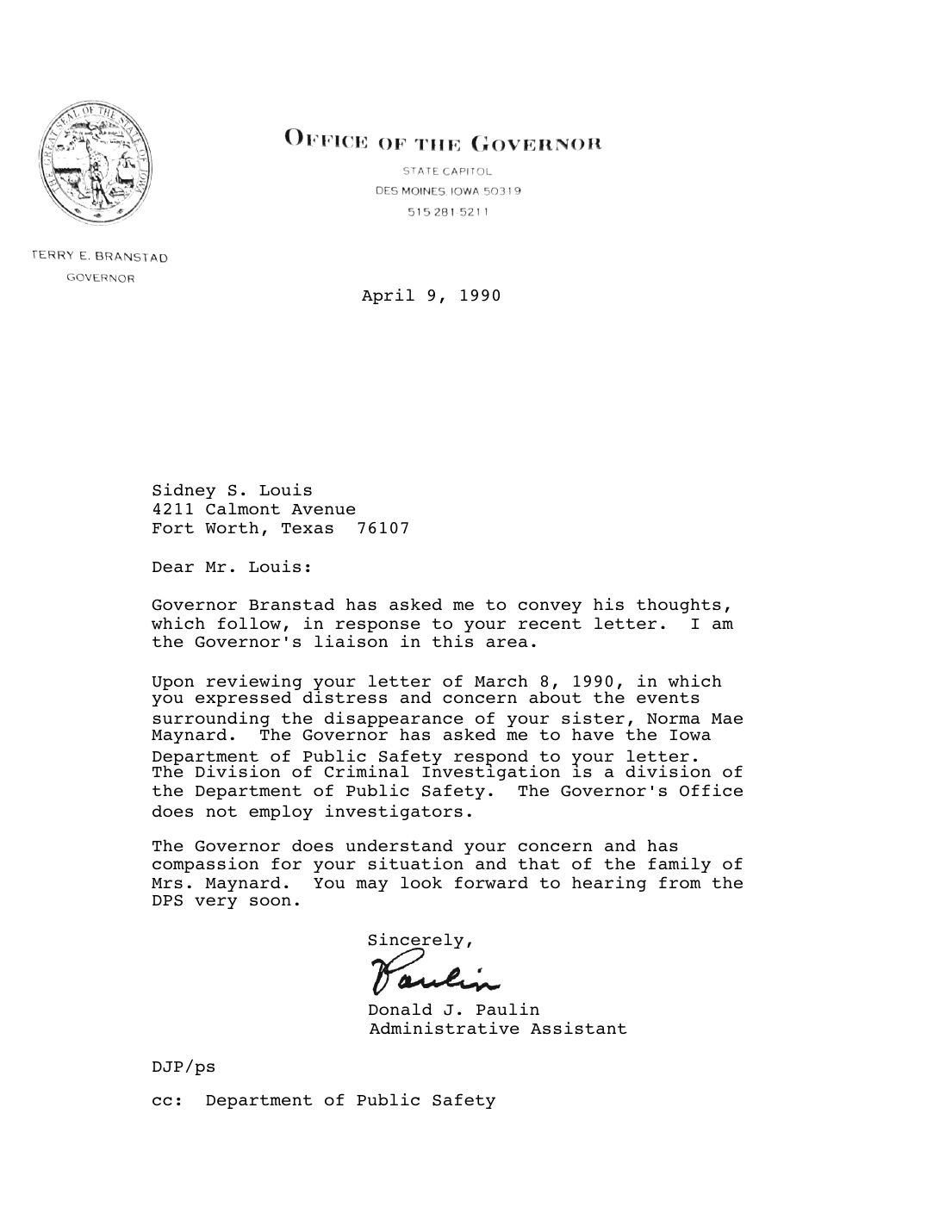 Letter to Sidney Louis, Donald J. Paulin, Office of the Governor, April 9, 1990 — page 1 of 1