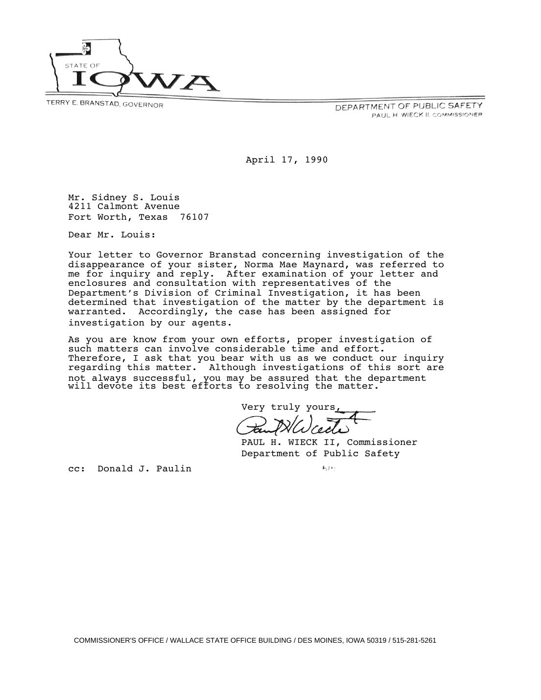 Letter to Sidney Louis, Paul H. Wieck II, Commissioner of Public Safety, April 17, 1990 — page 1 of 1