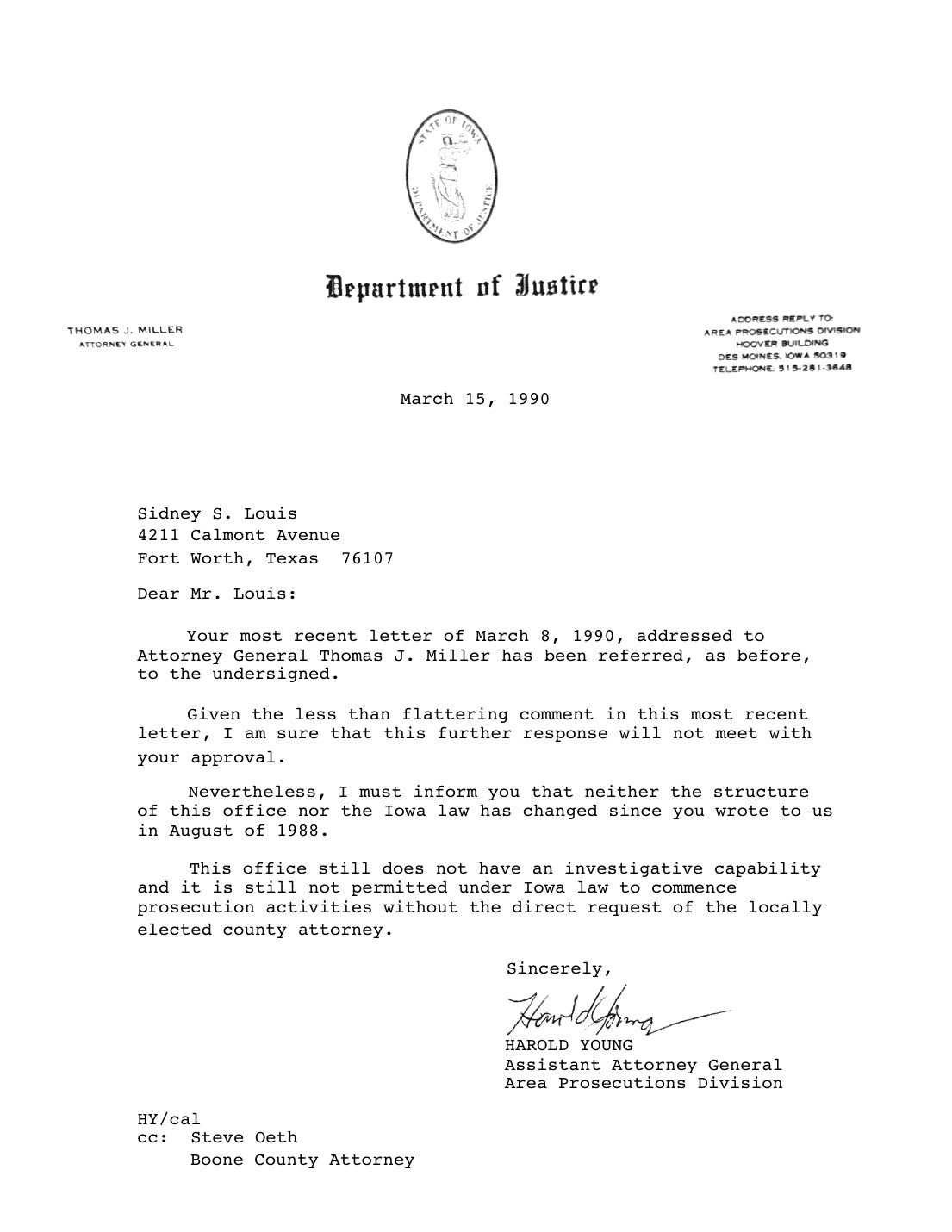 Letter to Sidney Louis, Harold Young, Iowa Department of Justice, March 15, 1990 — page 1 of 1