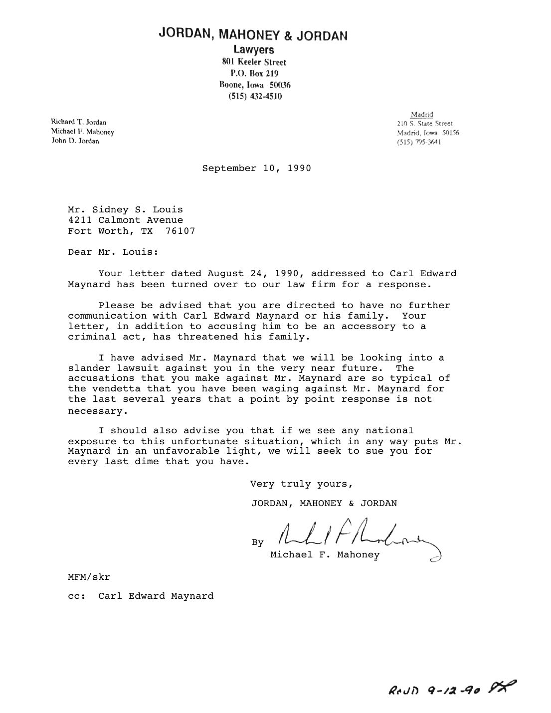 Letter to Sidney Louis, Michael F. Mahoney, Jordan, Mahoney & Jordan, September 10, 1990 — page 1 of 1