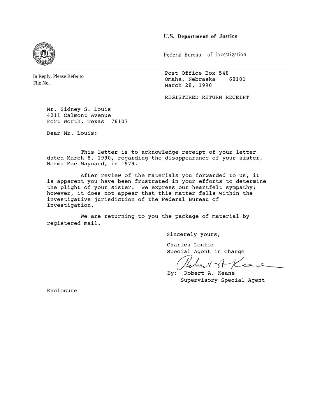 Letter to Sidney Louis, Federal Bureau of Investigation, Omaha, March 28, 1990 — page 1 of 1