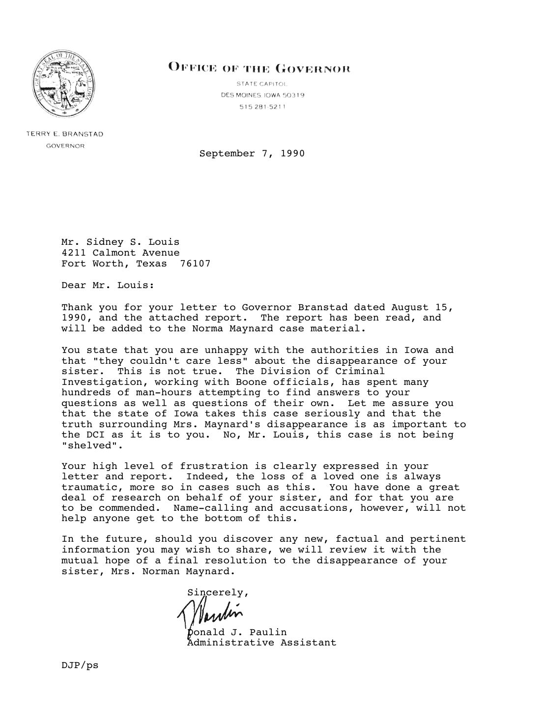 Letter to Sidney Louis, Donald J. Paulin, Office of the Governor, September 7, 1990 — page 1 of 1