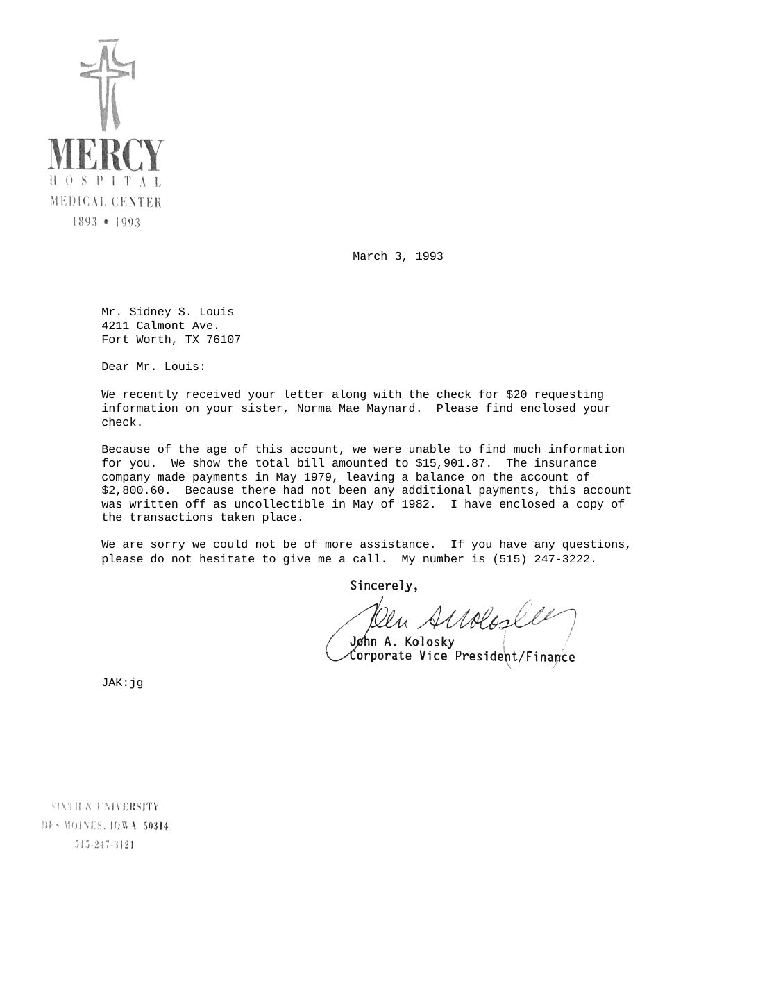 Letter to Sidney Louis, John A. Kolosky, Mercy Hospital Medical Center, March 3, 1993 — page 1 of 1