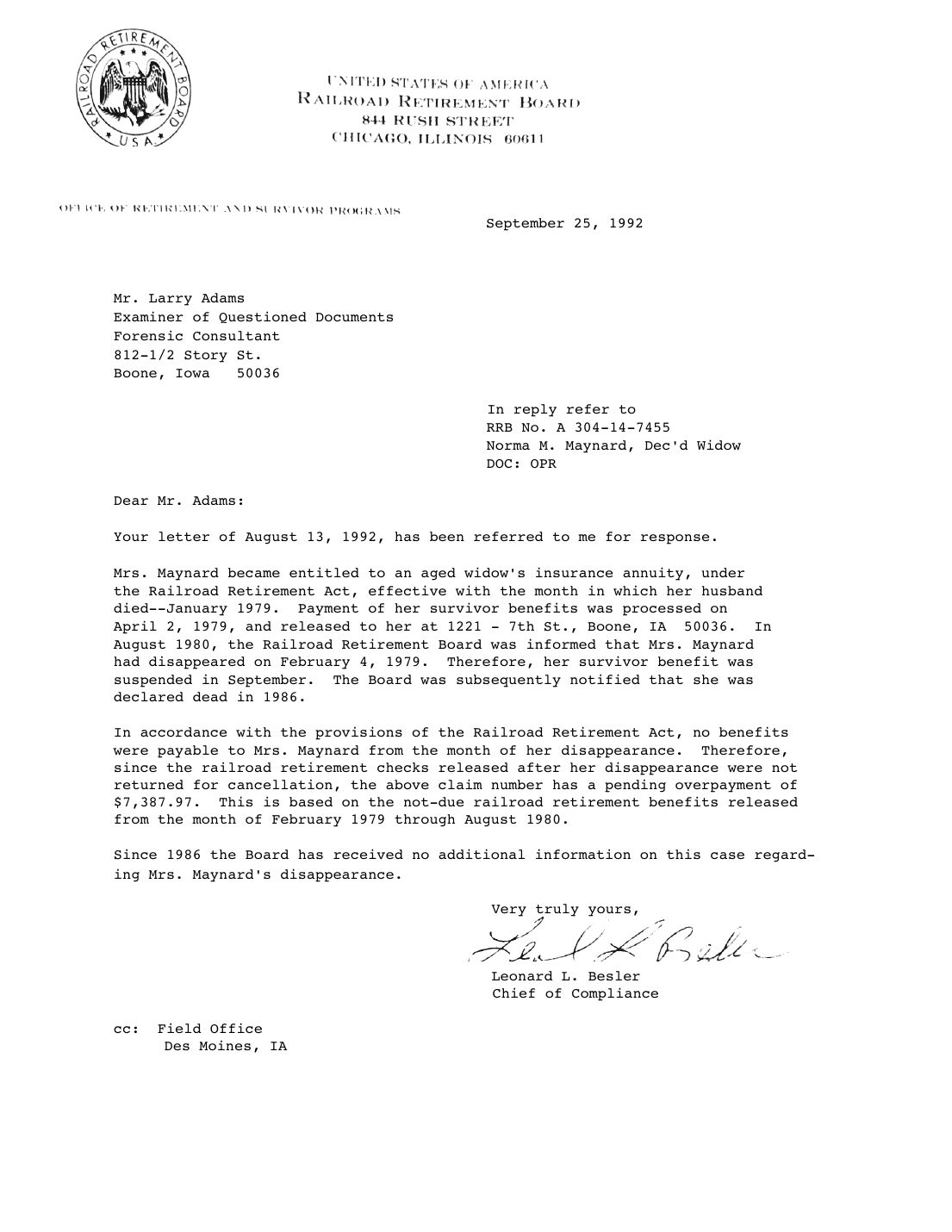 Letter to Larry Adams, Leonard L. Besler, Railroad Retirement Board, September 25, 1992 — page 1 of 1