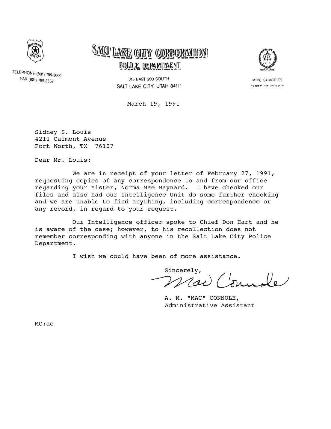 Letter to Sidney Louis, A. M. Connole, Salt Lake City Police Department, March 19, 1991 — page 1 of 1