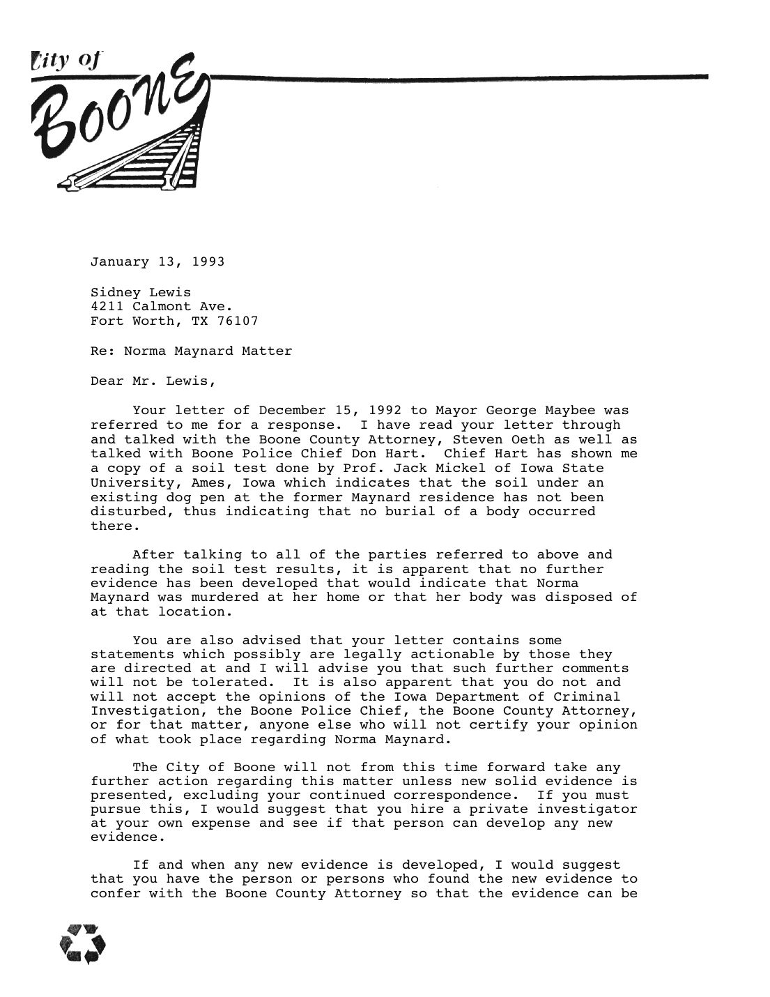 Letter to Sidney Louis, Alan C. Schroeder, Boone City Attorney, January 13, 1993