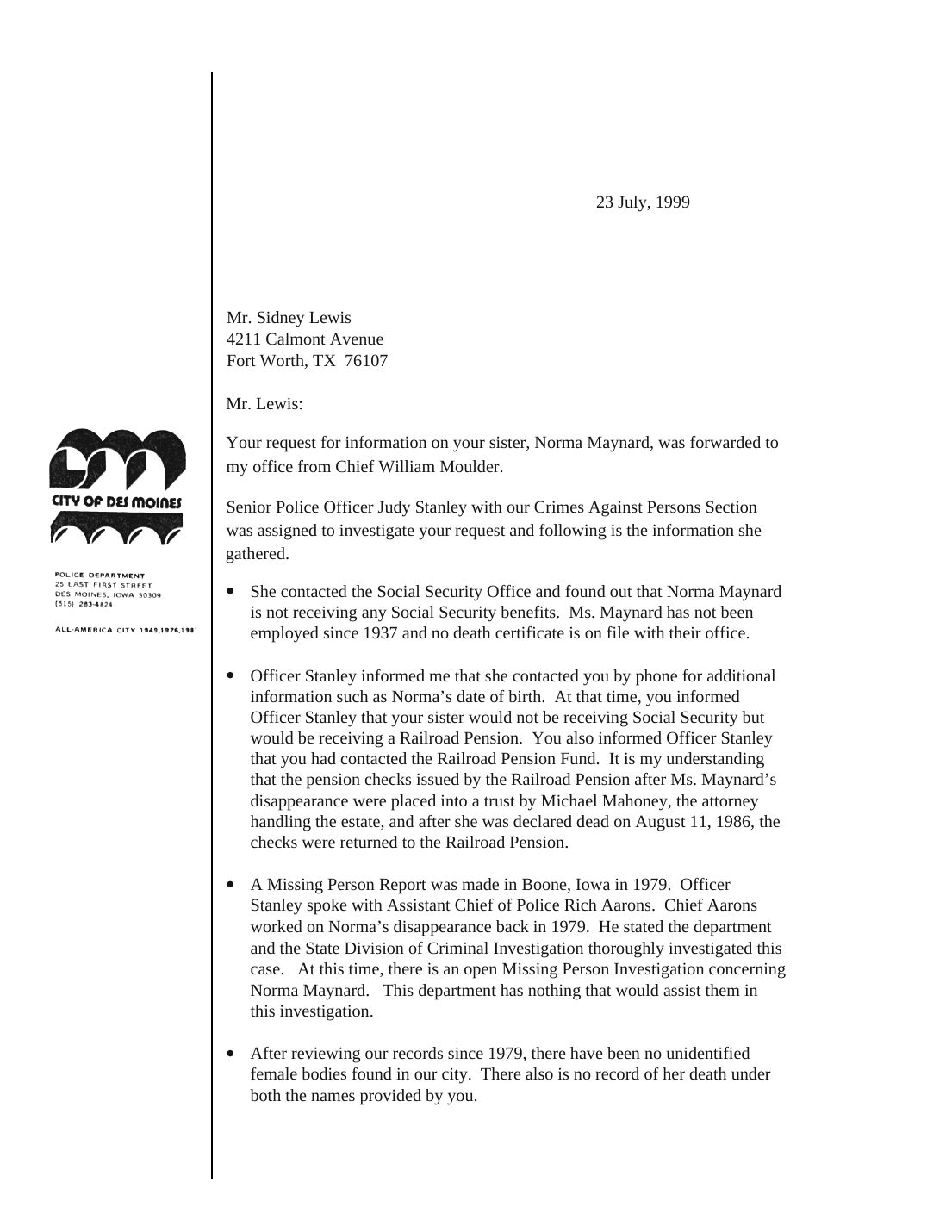 Letter to Sidney Louis, Des Moines Police Department, July 23, 1999 — page 1 of 2